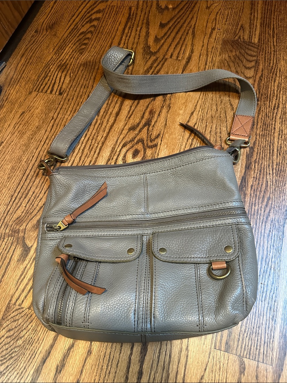 Fossil Gray Crossbody Bag with Tan Accents